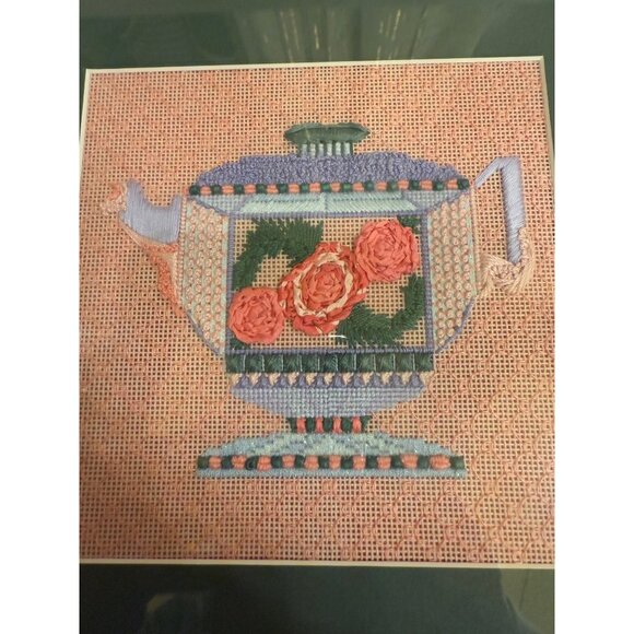 Handcrafted Needlepoint Teapot Design Wood Tray With Handles - Picture 3 of 5